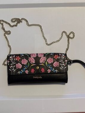 Desigual Floral Whimsy  Black Chain Crossbody Clutch